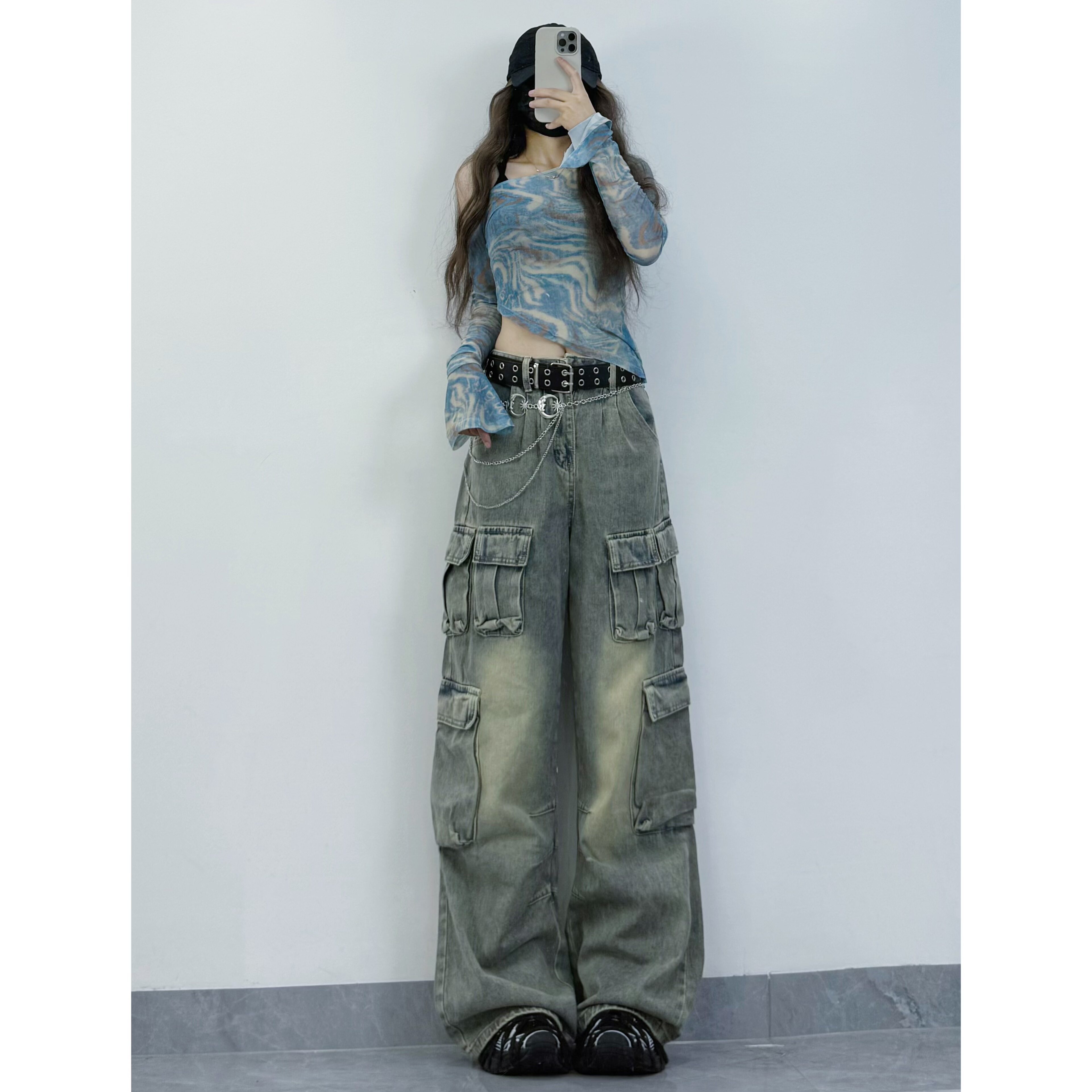 XXBUNI辣妹风跳舞套装女美式复古多口袋牛仔裤＋斜肩网纱晕染上衣