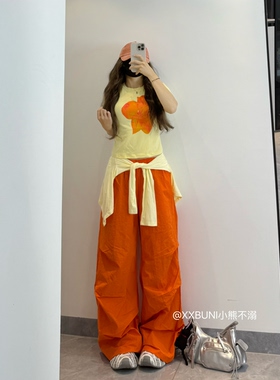 XXBUNI 小众跳舞jazz套装女黄色印花短袖T恤女＋橙色薄款工装长裤