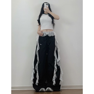 XXBUNI夏季爵士舞蕾丝屁帘裤子女街舞跳舞裤子宽松阔腿裤跳舞长裤