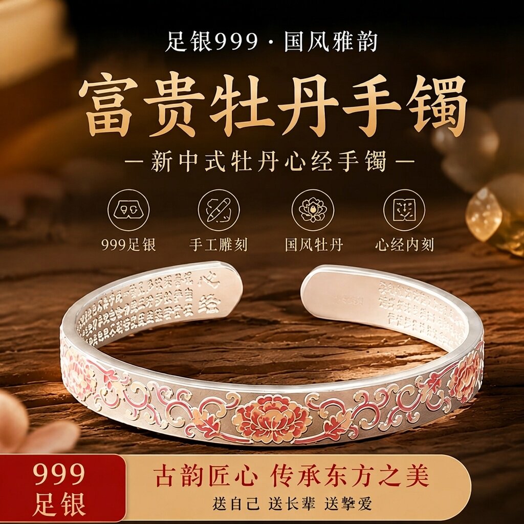 珐琅牡丹999足银手镯女款2026新款开口可调节纯银手饰送女友妈妈