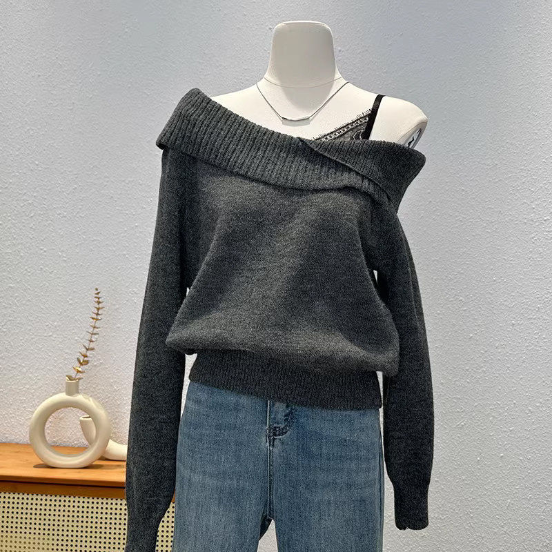 设计感一字肩长袖针织衫女秋冬时尚蕾丝肩带显瘦毛衣别致流行上衣,女装/女士精品,毛衣,淘宝优惠券,粉丝福利购,淘宝优惠卷