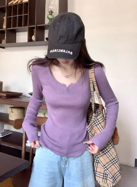 紫色半开领软糯修身打底上衣女2026春秋气质薄款内搭显瘦针织长袖