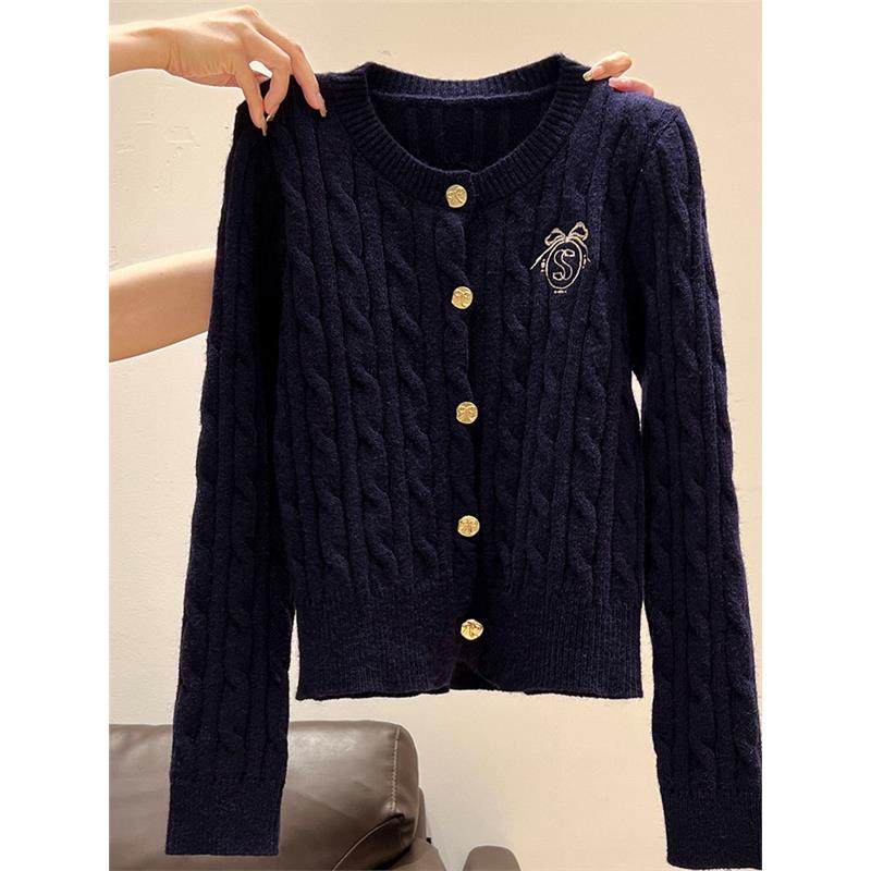 藏蓝色麻花刺绣针织开衫女秋冬修身圆领学院风慵懒毛衣外套,女装/女士精品,毛针织衫,淘宝优惠券,粉丝福利购,淘宝优惠卷