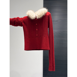 红色新年毛领麻花加厚针织毛衣长袖冬季打底衫内搭修身外穿上衣女