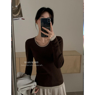 韩系撞色圆领长袖修身针织衫女