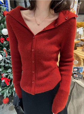 轻熟风红色V领长袖内搭针织衫2025新款秋冬季设计感修身打底上衣