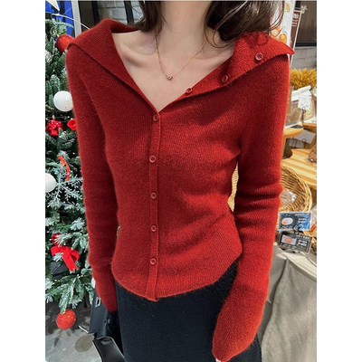 轻熟风红色V领长袖内搭针织衫