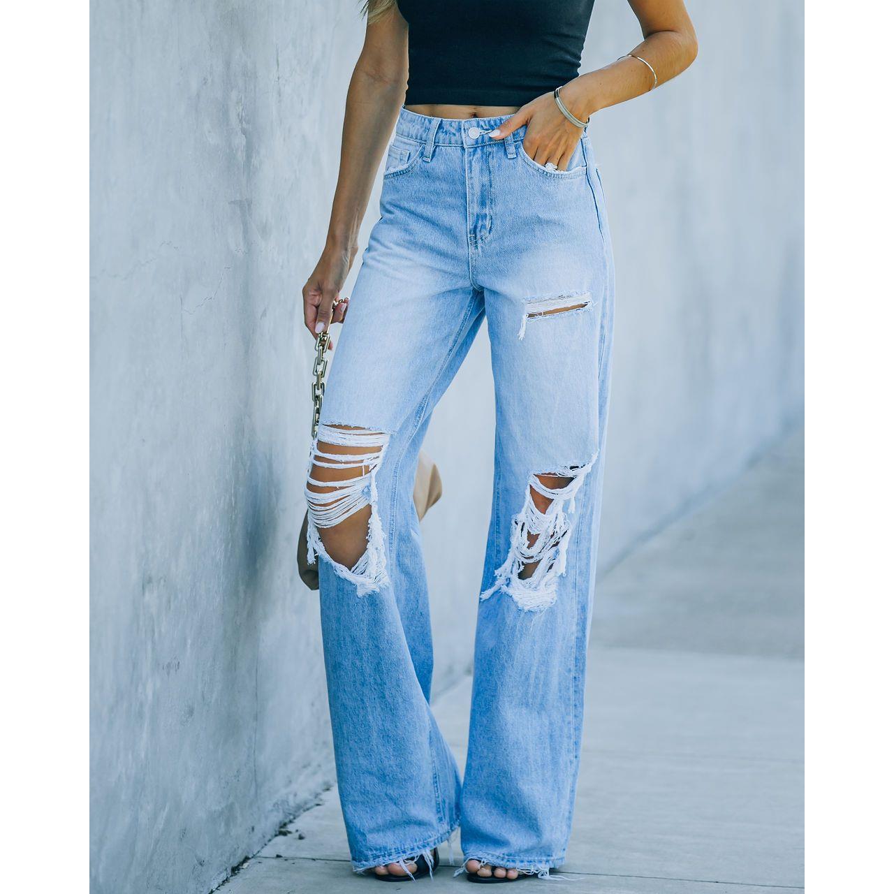 Womens washed style wide-leg temperament denim trousers