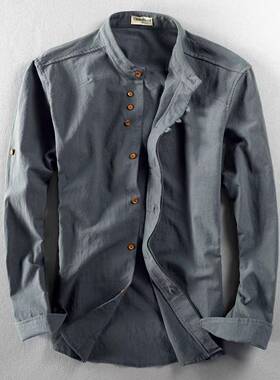 Mens linen cotton mens shirt stand collar buried casual