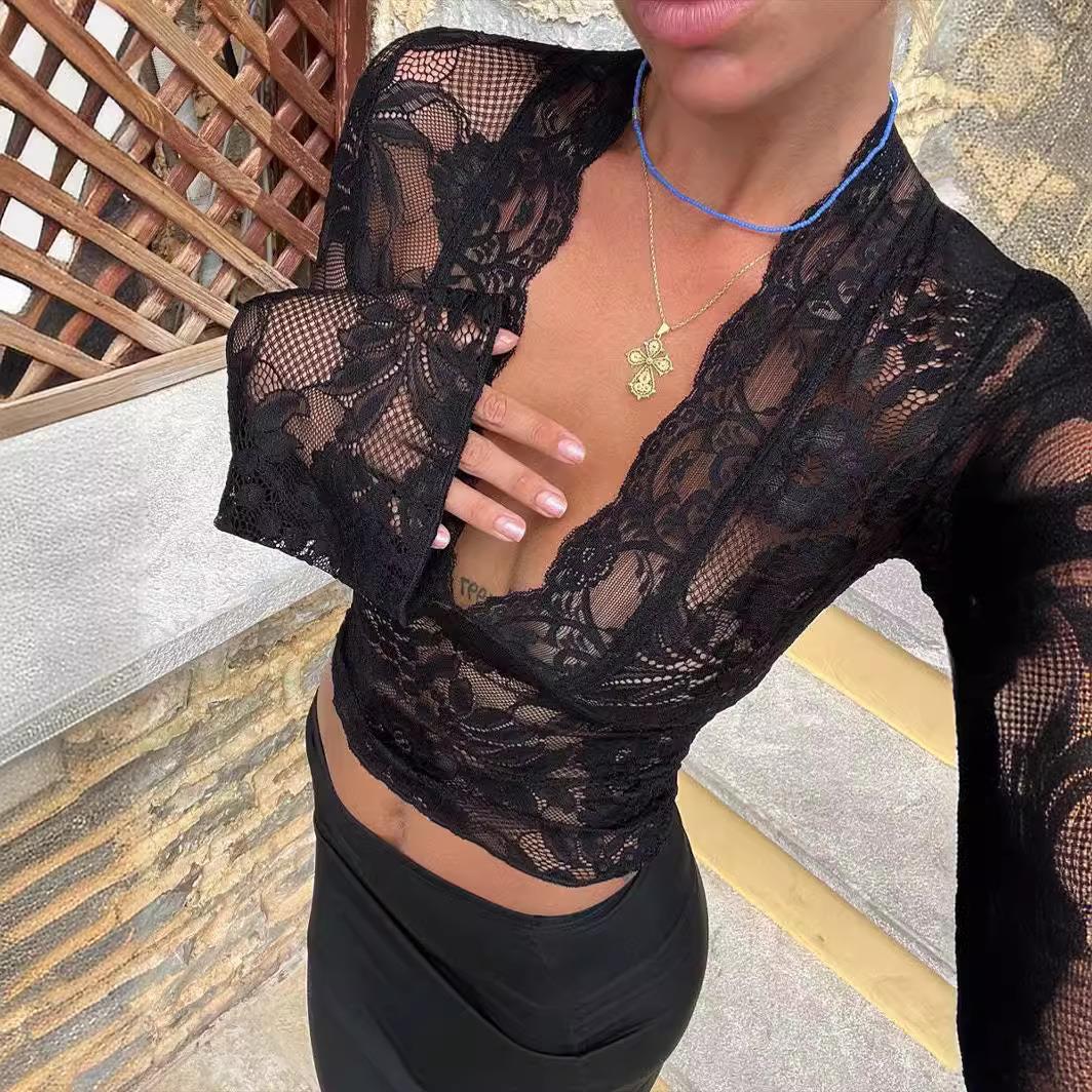 tossy lace see-through -shirt womens slim long solid color