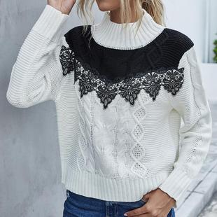 Cardigan Half Sweater Womens Lace Loose Contrast Long