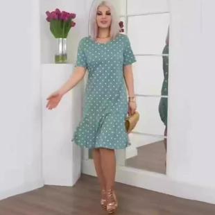 Dot Short Sleeves Round Slim Polka Ruched Waist Neck