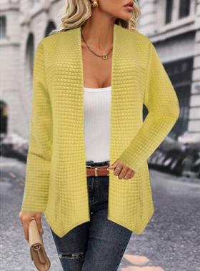 Womens color long-sleeved solid lapel cardigan buttonless