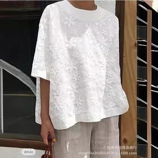 round Summer floral neck ladies shirt embroidered casual