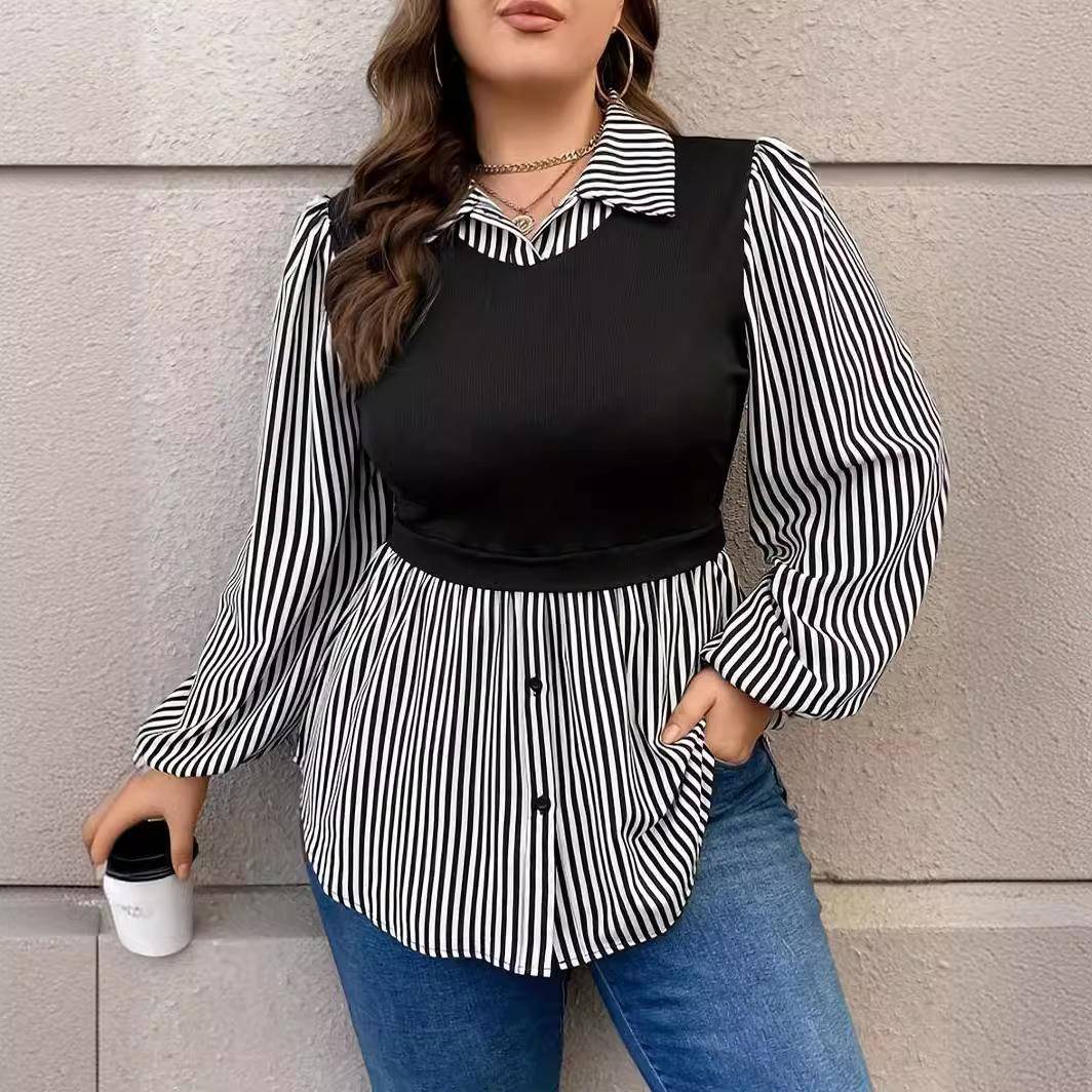 Plus Size Lapel Contrast Stripe Button Shirt for Women