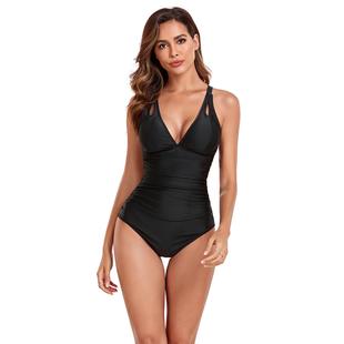 black swimsuit pleated belly slimming One covering piece