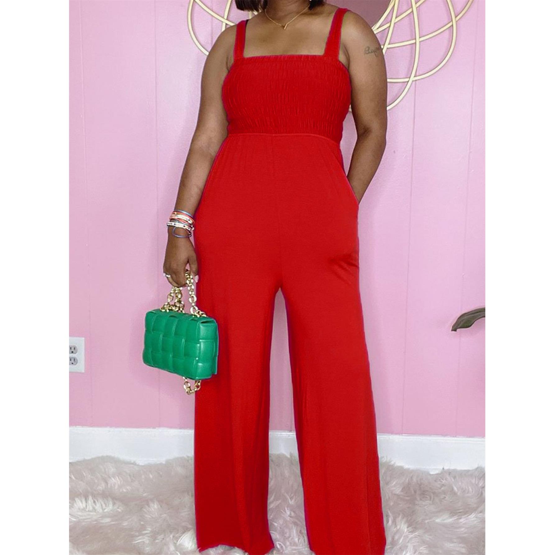 Plus size womens fashion solid color suspender jumpsuit