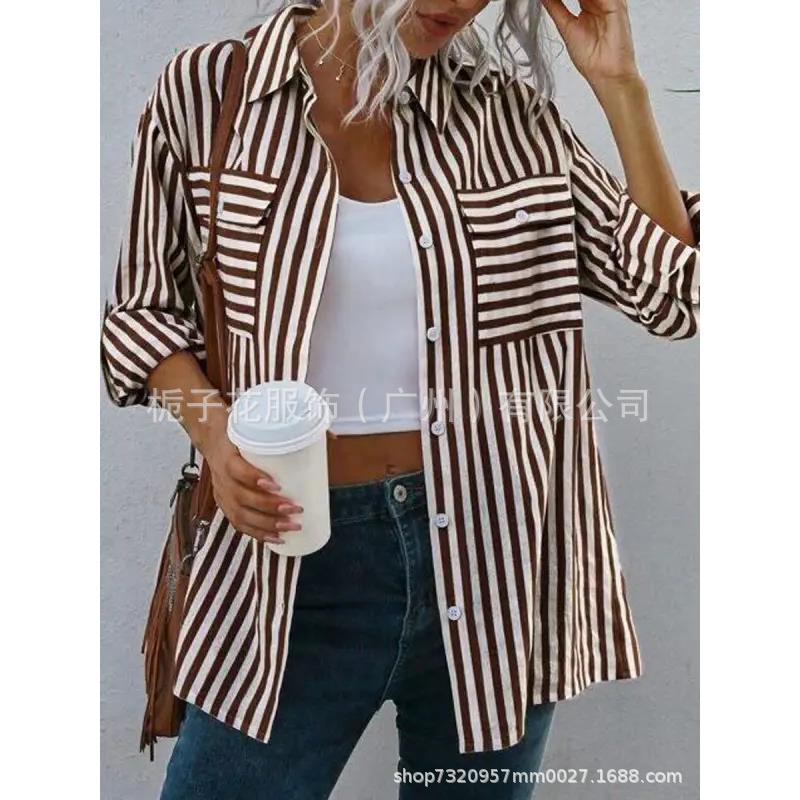 women sleeve long loose shirt striped casual fashion shirt