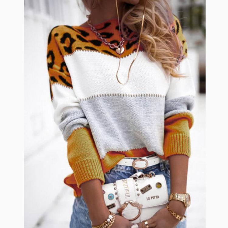 Colorblock Bottoming Leopard Shirt Sweater Print Knitted