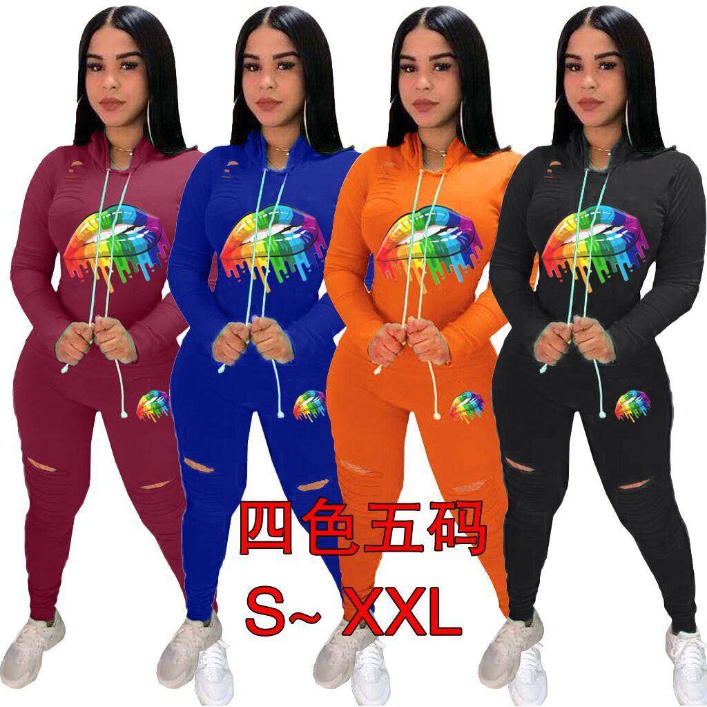 Burnt Hooded Women Sports Lips Two-piece Suit Colorful for