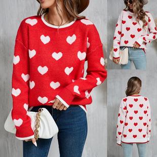 color style contrast sleeve long sweater Heart holiday