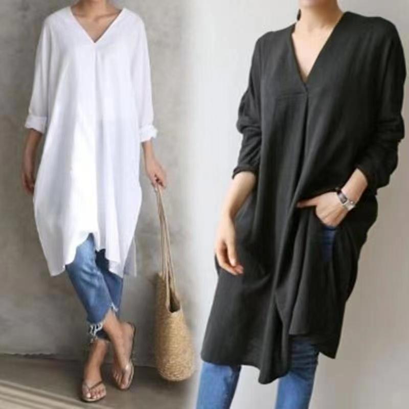 dress linen and cotton color solid sleeve long V-neck