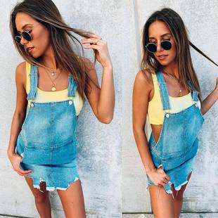 Denim overalls washed skirt ripped street style irregular