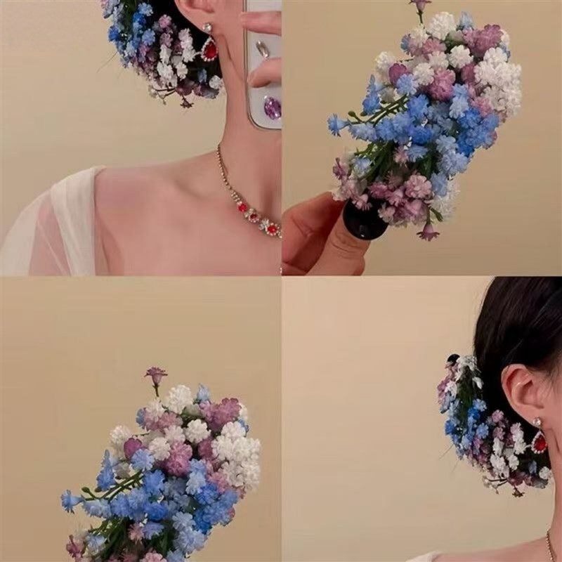 满天星头饰发夹彷真花侧边夹高级感新娘道具女后脑勺花朵古风簪花