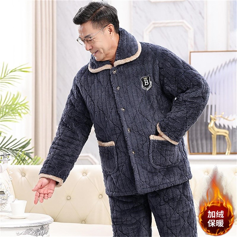 睡衣男款老年人珊瑚绒加厚中老年爸爸男士家居服可外穿老人保暖服