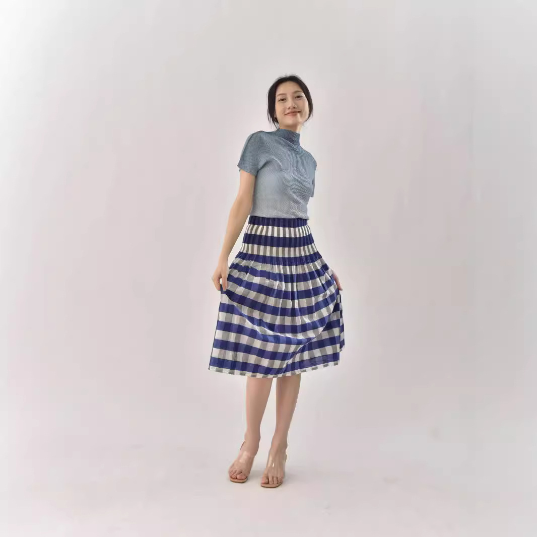 半身裙跨境新款格纹松紧腰高腰收腰格子半身裙两面穿优雅通勤A字
