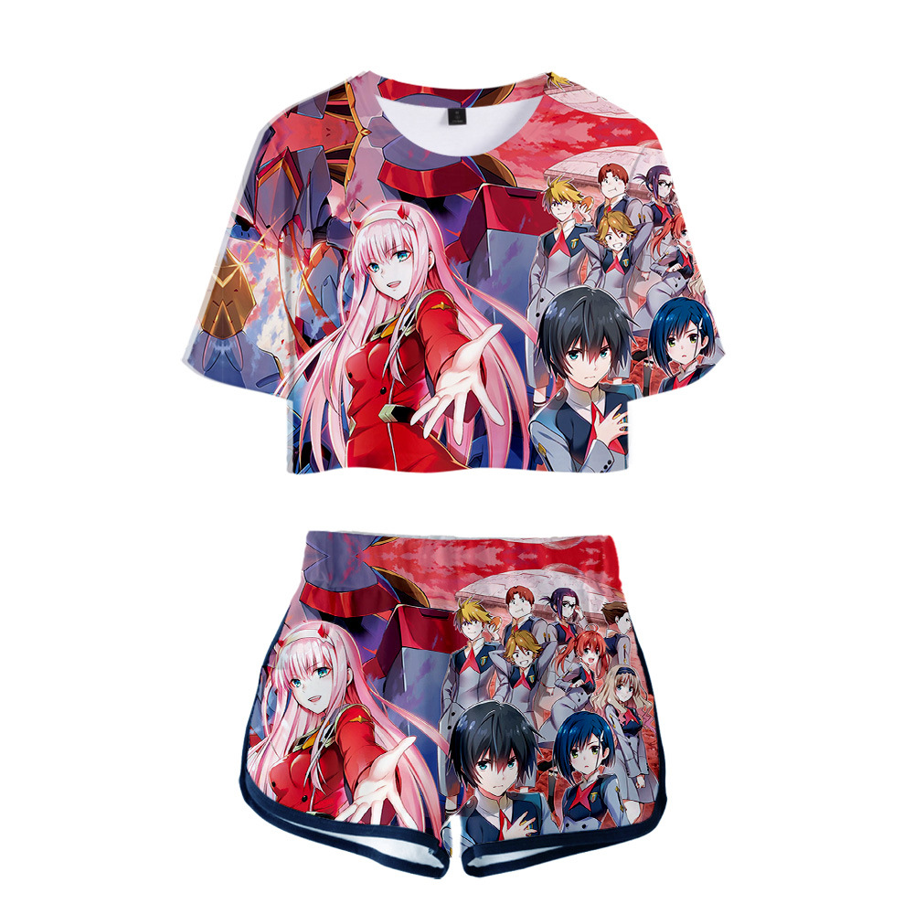 跨境新款 Darling in the franxx 3D数码彩印性感露脐短T短裤