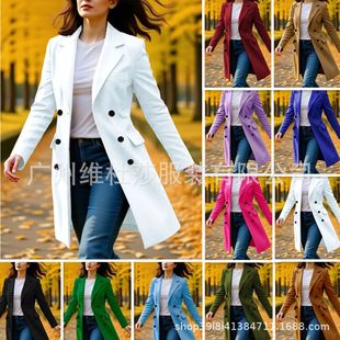 外贸有里衬2025秋冬长款毛呢女大衣多色多码双排扣呢子外套亚马逊