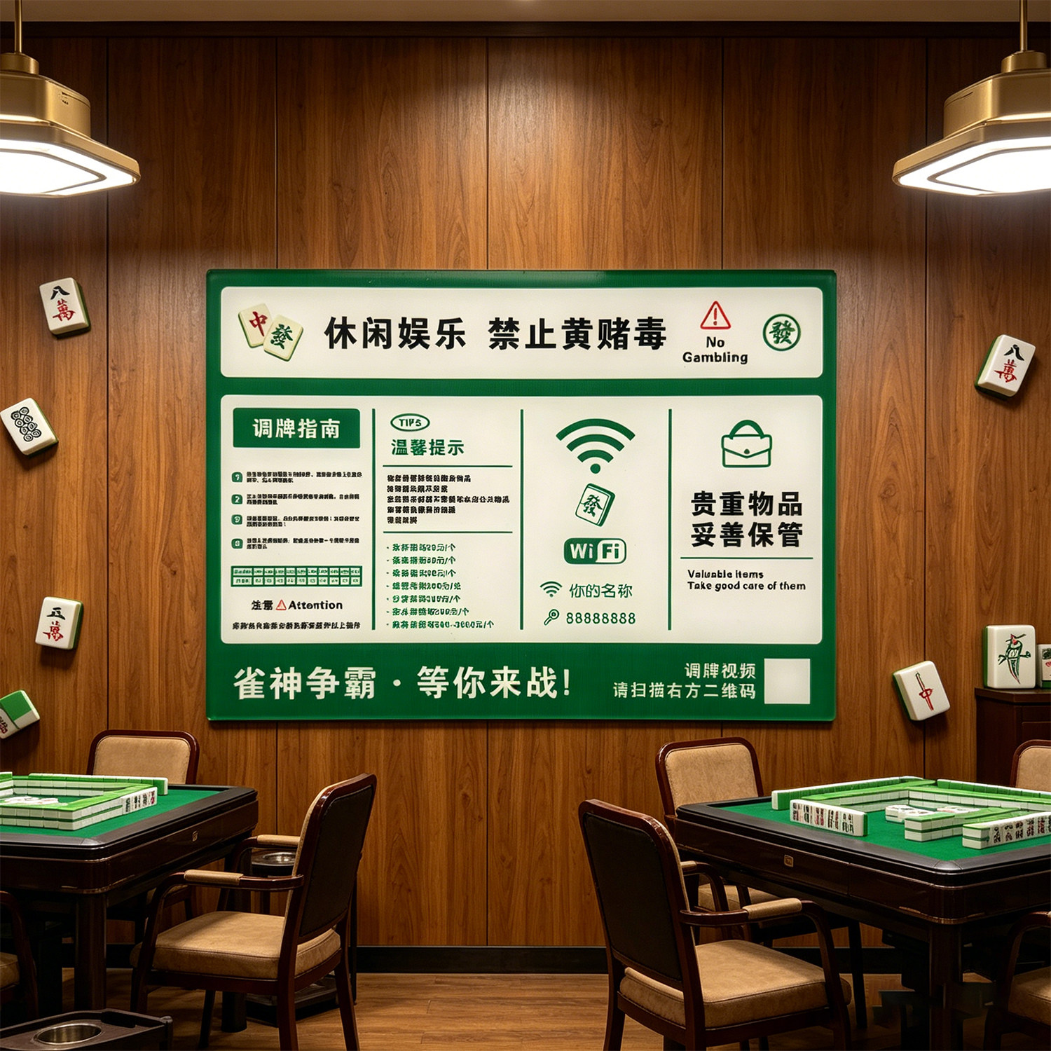 棋牌室用品大全麻将馆提示牌棋牌室麻将机档位调节指南棋免责声明用品大全禁止赌博提示牌麻将室所警示牌定制