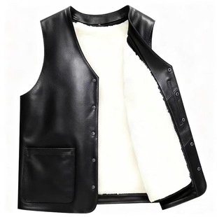 进口真皮马甲男头层牛皮中老年羊毛坎肩冬皮毛一体爸爸装 背心马夹