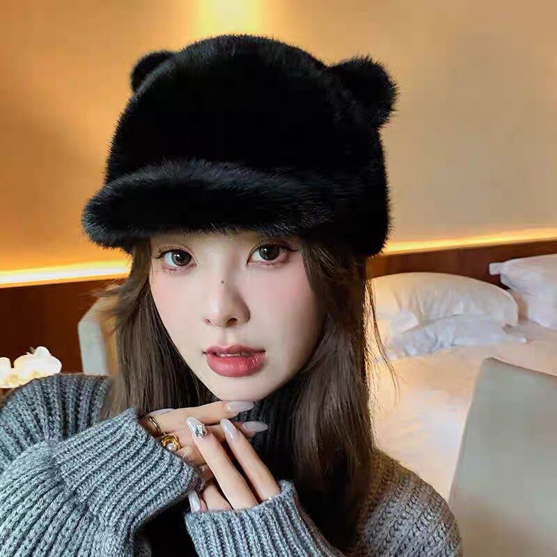 美国进口可爱猫耳朵小尾巴水貂毛皮草帽子黑色貂皮鸭舌帽冬加厚保