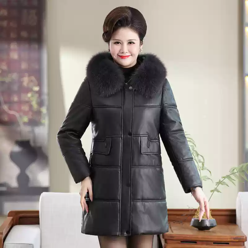 进口真皮羽绒服女士黑色狐狸毛领绵羊皮骆驼绒加厚妈妈装显瘦外套