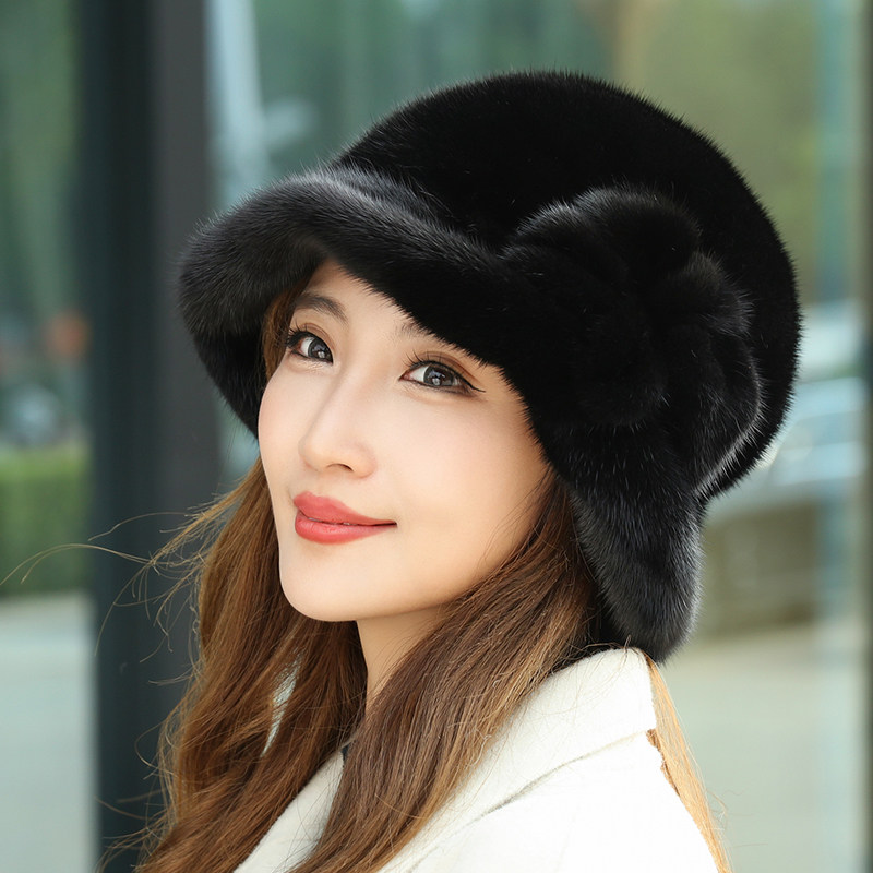 正宗美国进口整貂皮帽子女护耳软帽整张水貂毛休闲礼帽大花太阳帽