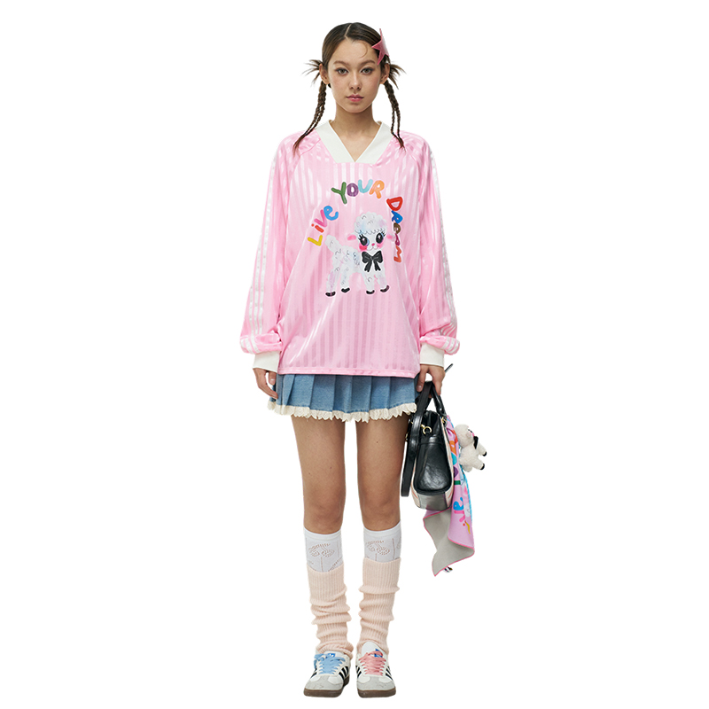 iscreamcolour MOF艺术家 粉色可爱小羊印花棒球衣长袖宽松T恤