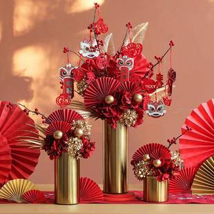 2026蛇年新年插花摆件客厅花冬青红果发财果装饰过年春节年宵花