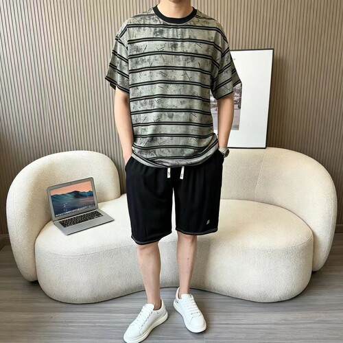 棉绸上衣男士夏季薄款大码复古休闲半袖条纹t恤衫外穿人造棉短袖