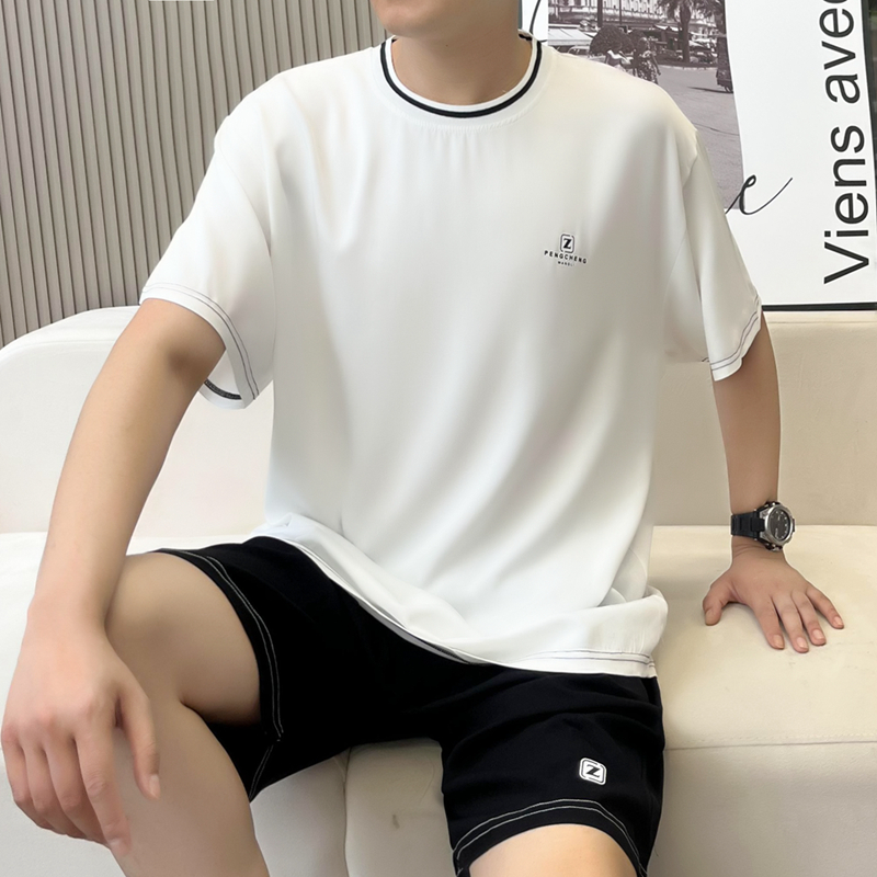 棉绸t恤夏季人造棉薄款透气宽松大码运动短袖短裤男生休闲两件套