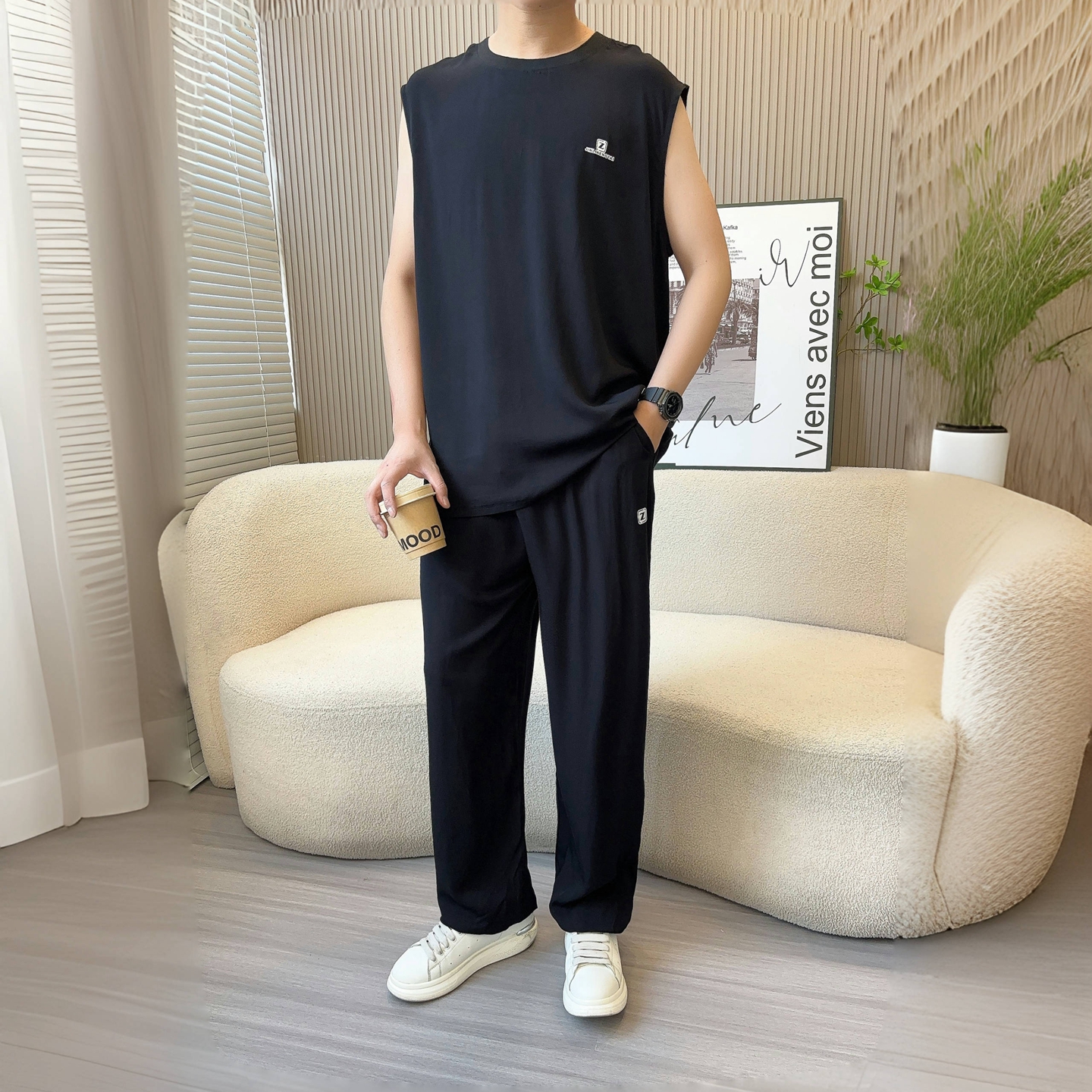 棉绸男士睡衣夏季纯棉背心长裤大码宽松家居服青少年人造棉套装