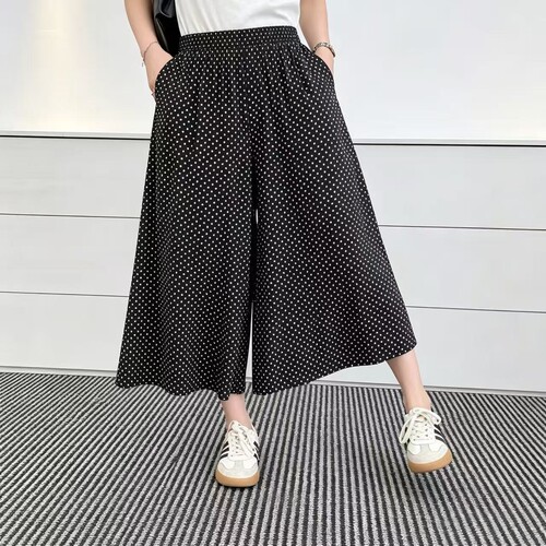 棉绸阔腿裤女夏季薄款高腰宽松休闲人造棉八分裤可外穿大摆裙裤