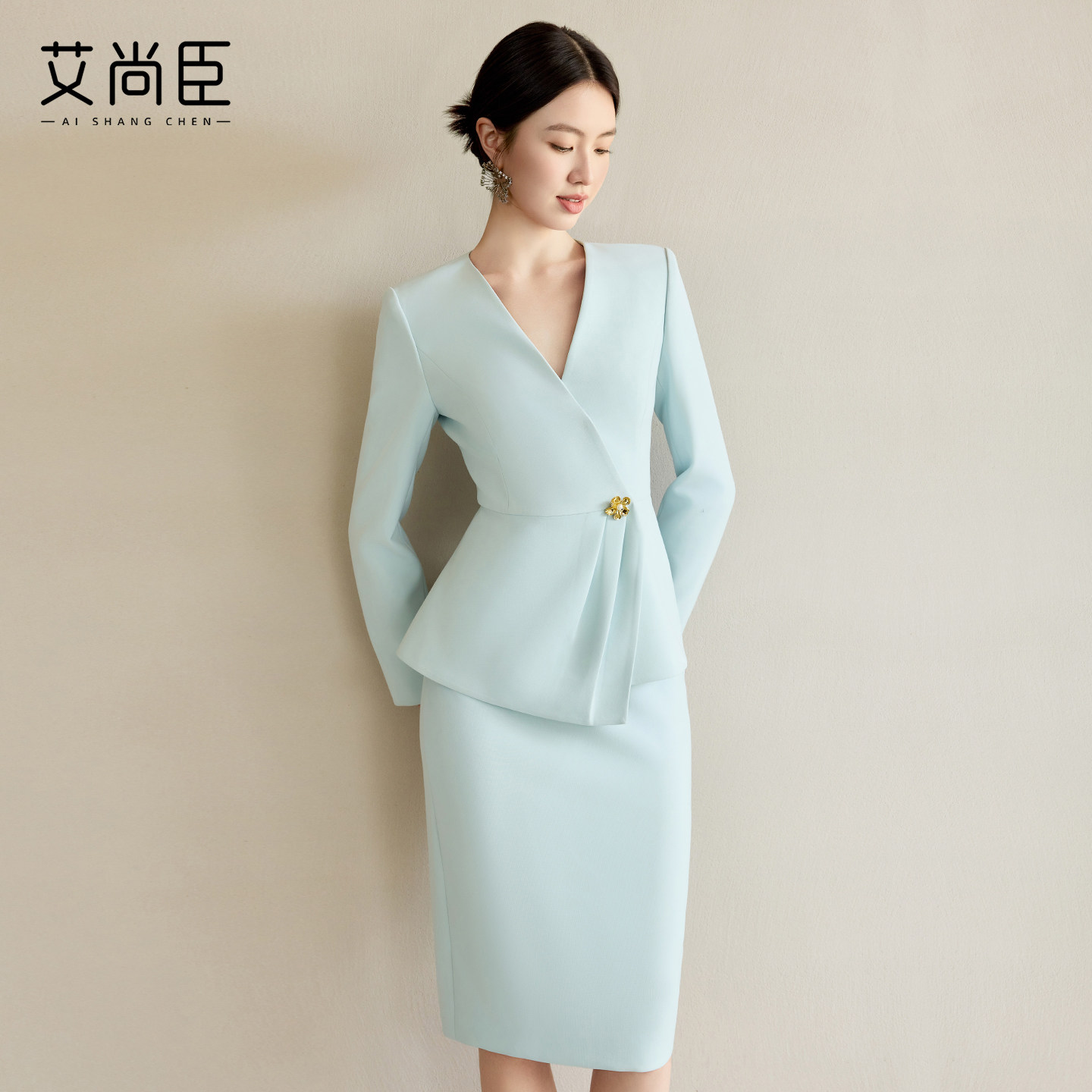 艾尚臣春夏西装两件套裙女神范气质半身包臀裙高级感职业装正装蓝