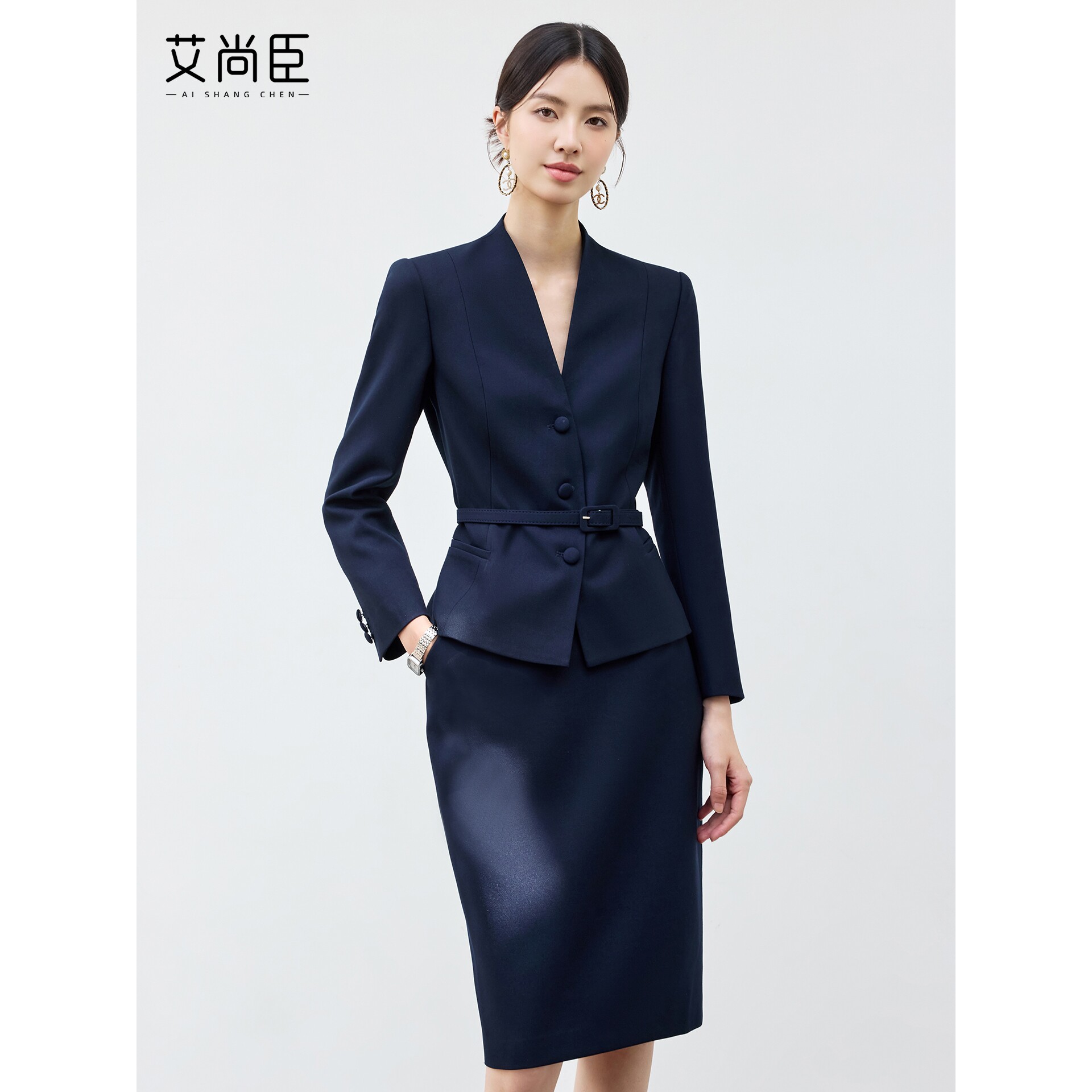 艾尚臣藏青色气质轻熟风职业西装套裙珠宝店酒店职收腰显瘦工作服