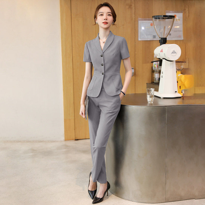 诗璐雅灰色夏季薄款小西服套装女气质酒店经理小个子职业工作服女