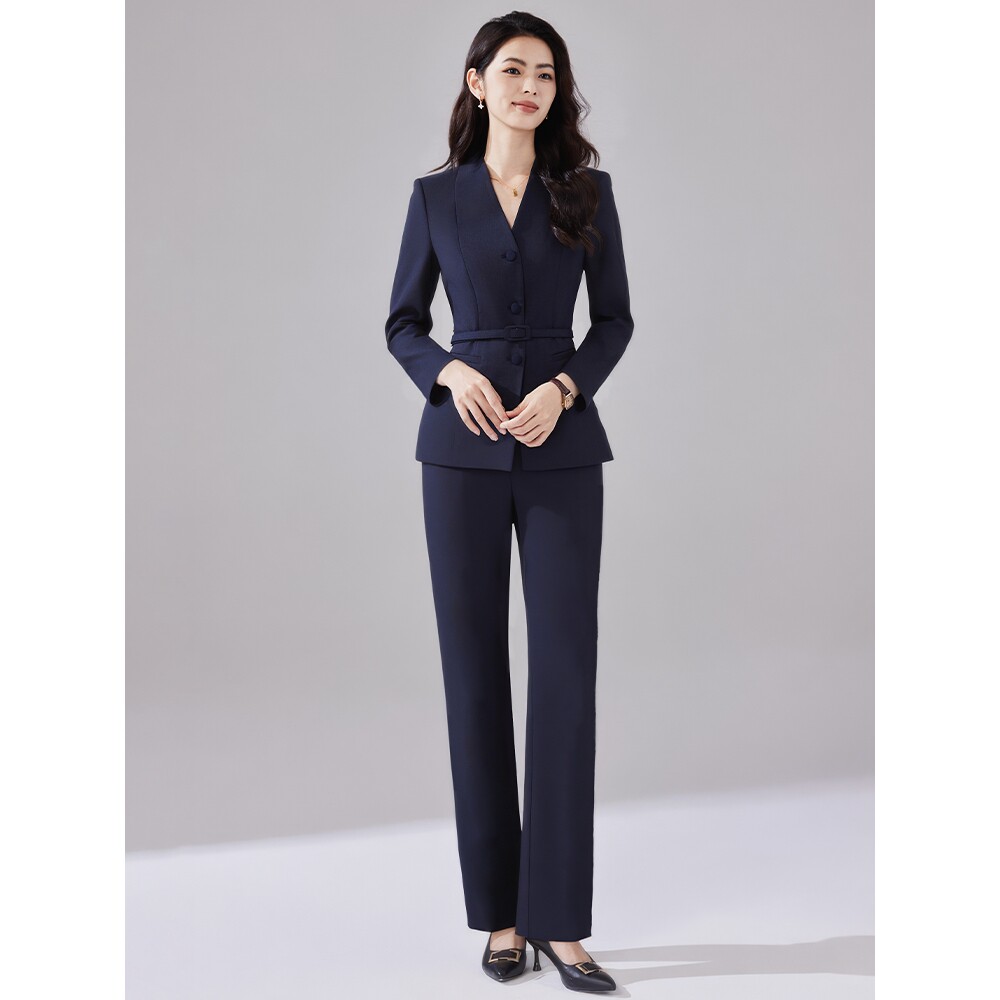 诗璐雅藏青色职业长袖西装套装女通勤酒店前台工装案场客服工作服