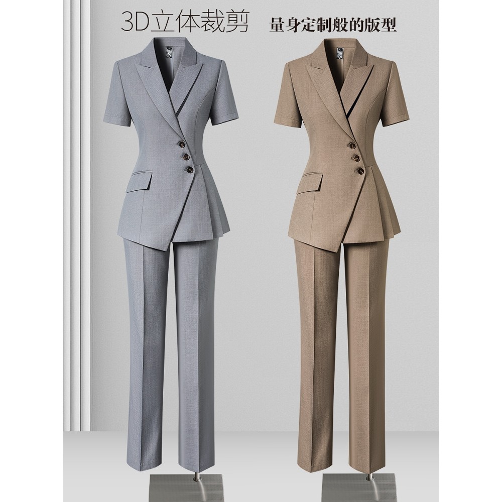 灰色西装套装女夏薄款短袖高级感职业装气质经理正装珠宝店工作服