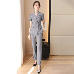 诗璐雅夏季短袖西装套装女士灰色职业装商务气质通勤两件套工作服
