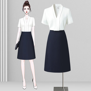 白色短袖衬衫女职业高级感衬衣套装蓝色V领百搭气质上衣工作服夏